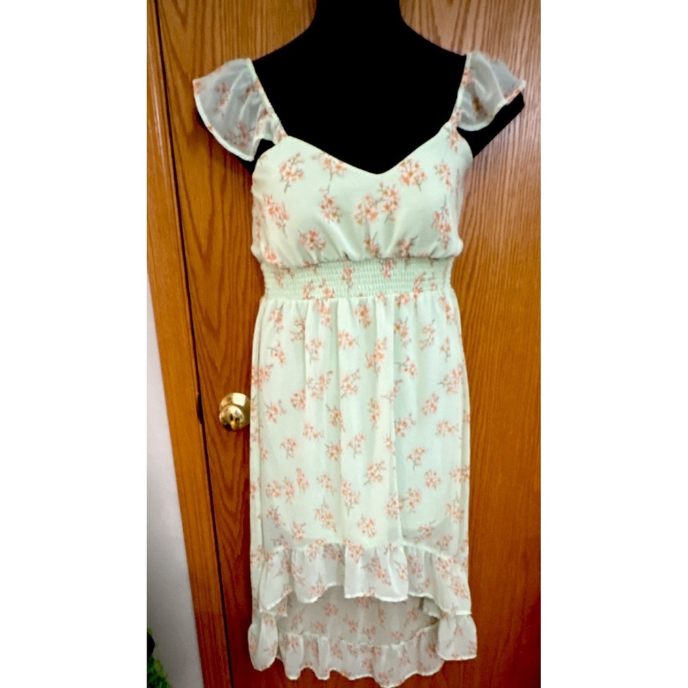 No Boundaries Floral Hi-Low Sundress Mint Green Peach Ruffle Sleeveless Size L